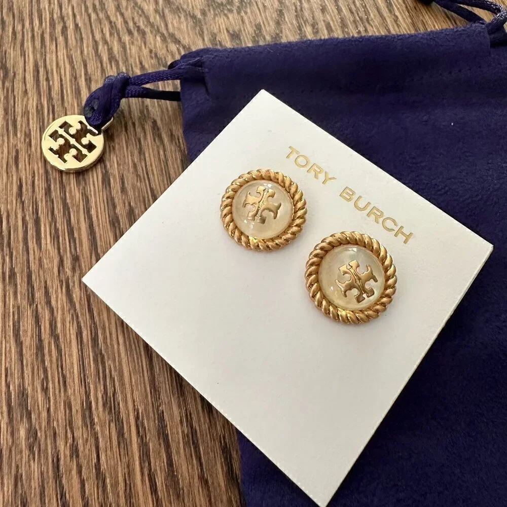 NEW！Tory Burch Roxanne Rope Circle-Stud Earrings -Mother Pearl or Pink Resin